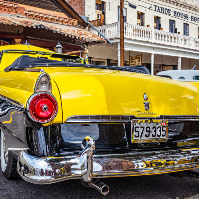 Virginia City, NV - July 30, 2021: 1955 Ford Fairlane Sunliner convertible at a local car show.